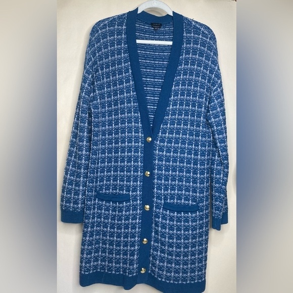 Talbots Merino Wool Long Cardigan Blue Plaid Sz L Button Up Like New - Picture 1 of 9